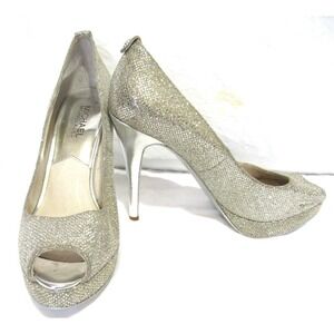 Michael Kors York Women's 7.5 Silver Sparkle Open Toe Platform Stiletto Heels